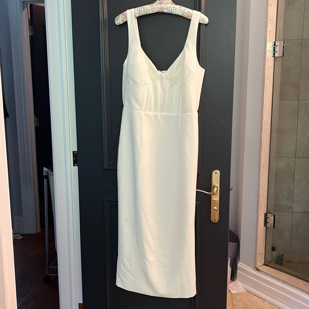 Bardot, white corset ribbed dress. Perfect for the soon to be bride!